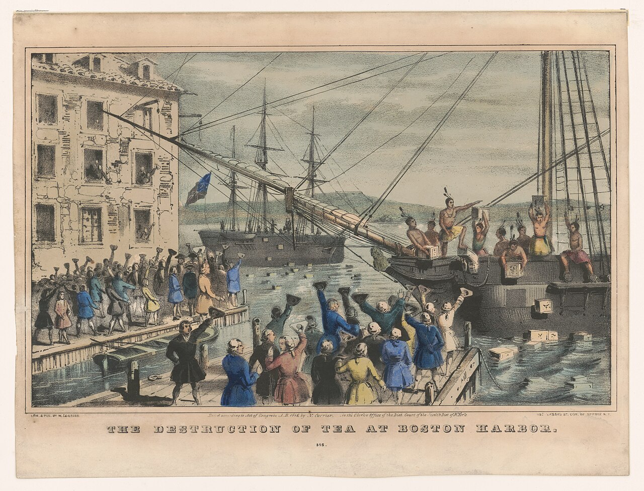 An 1846 Currier lithograph showing colonists dumping crates of tea into Boston Harbor during the Boston Tea Party.