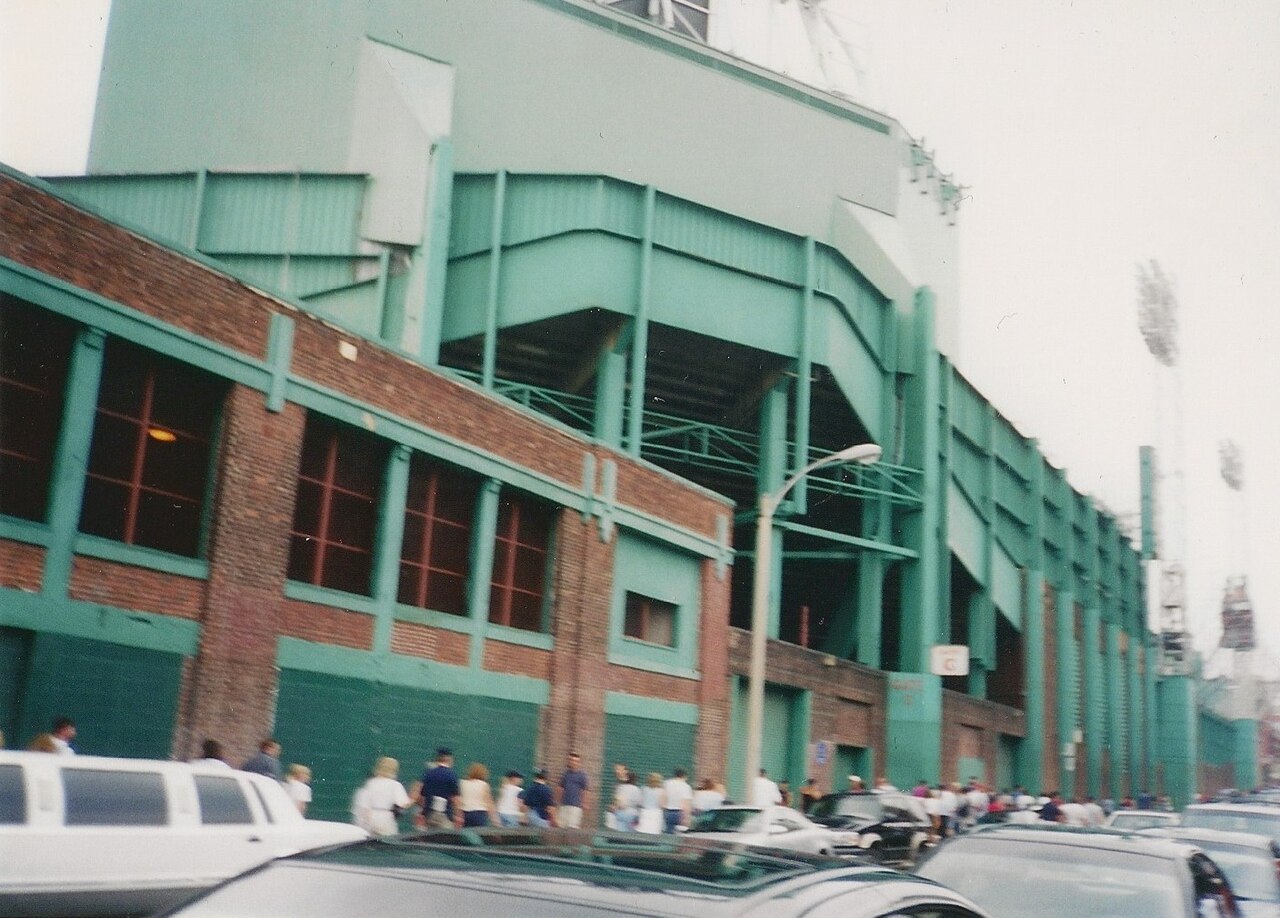 The brick exterior and entrance of Fenway Park, home of the Boston Red Sox, in the Fenway neighborhood.