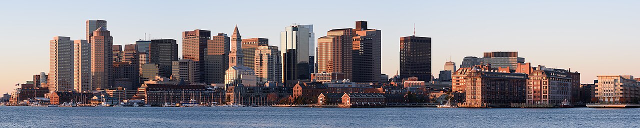 The downtown Boston skyline seen across the harbor from East Boston.